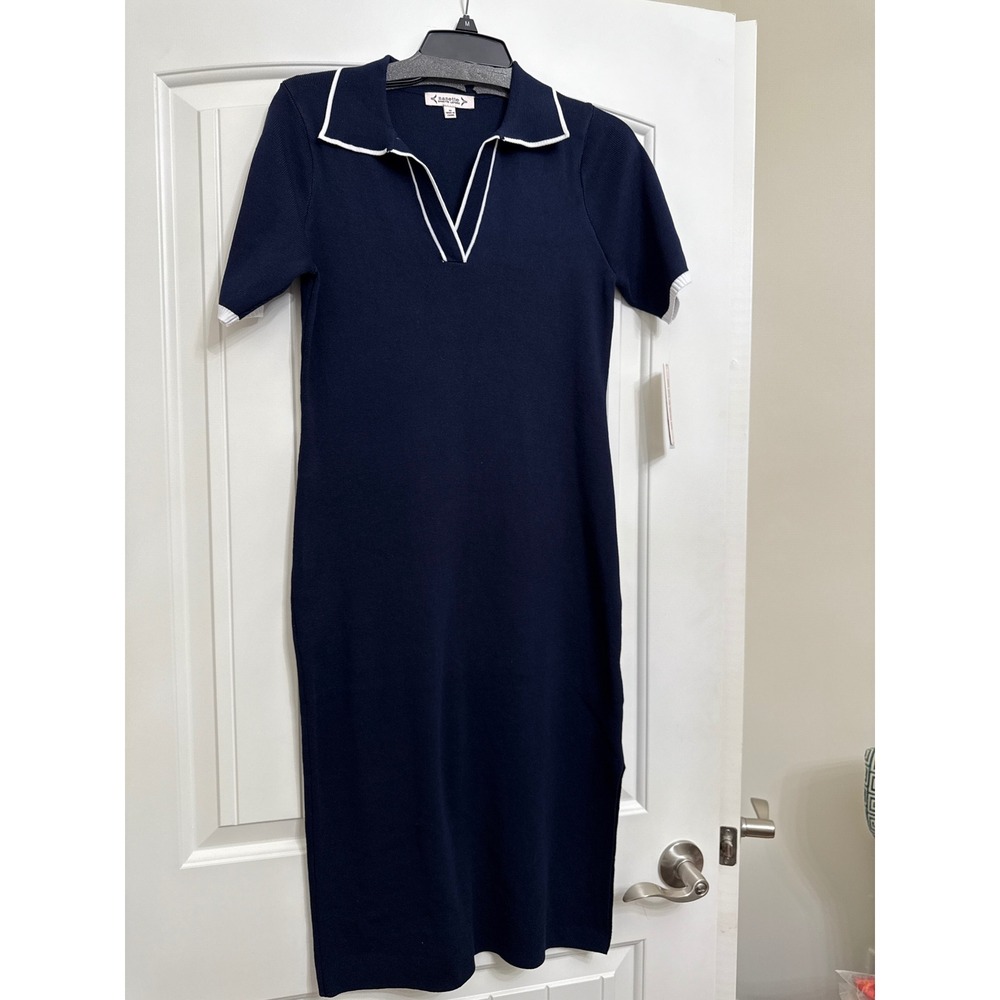 Nanette Lepore Dress Navy White Knit Midi Polo Collar‎ Short Sleeve Side Split M